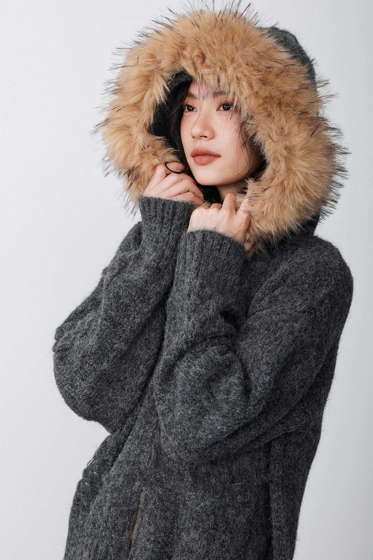 Fog Gray Fur Collar Hooded Jacket