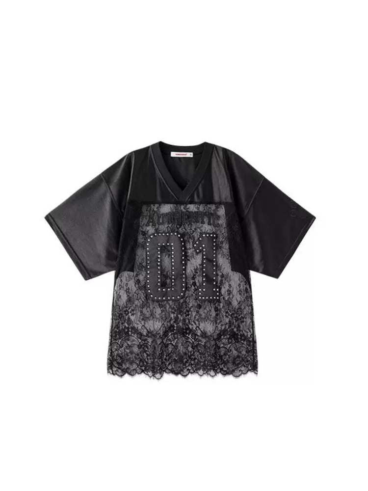 Rhinestone Sheer Lace Uniform T-Shirt