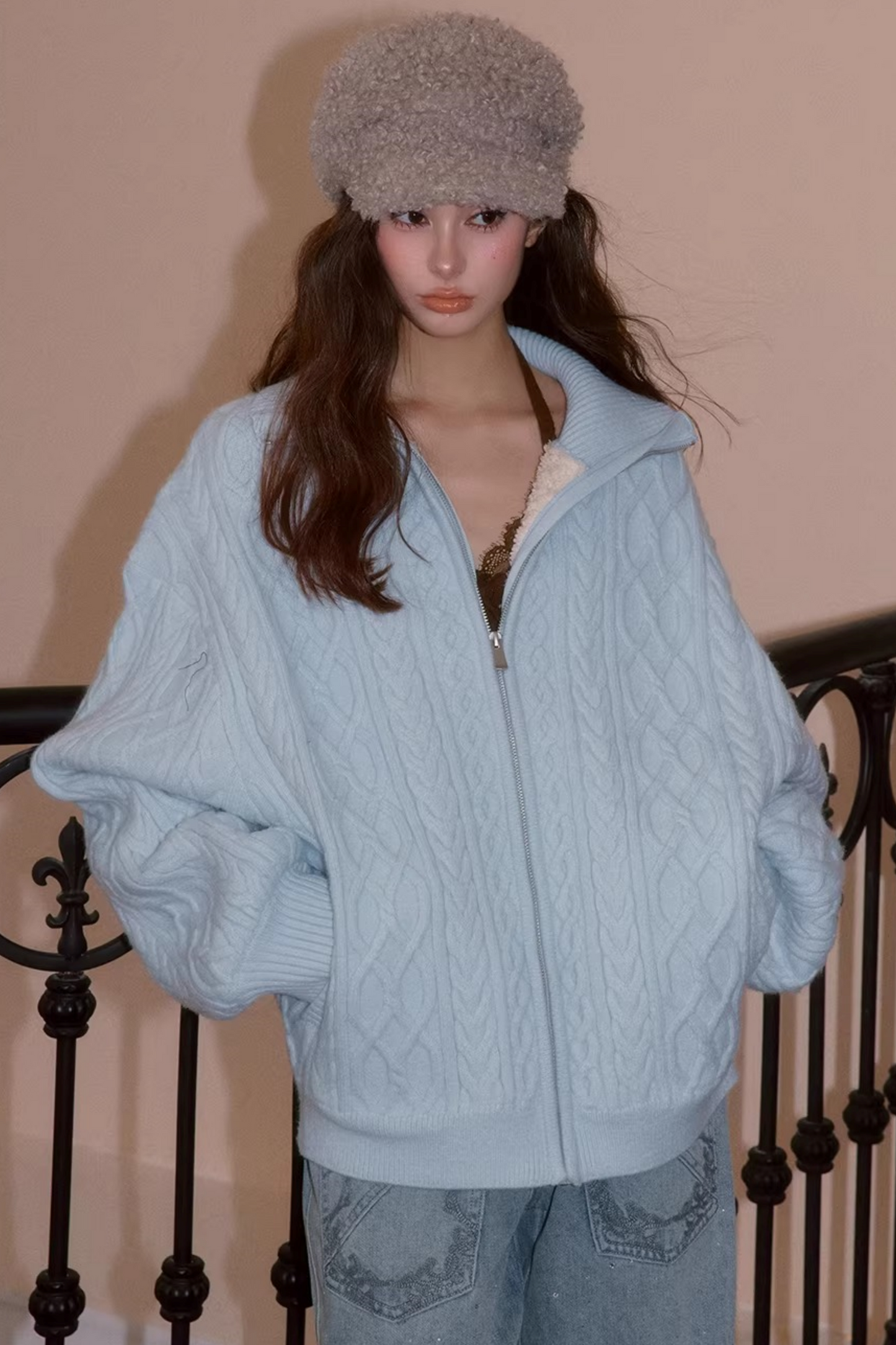 Cable Knit Fleece Sweater Jacket