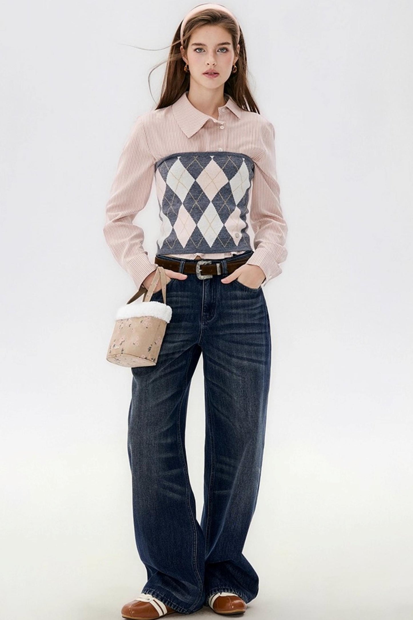 Striped Asymmetrical Slanted Placket Shirt Set-Up