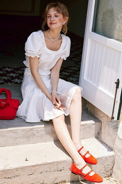 White Lace Square Collar Puff Sleeve Shirt