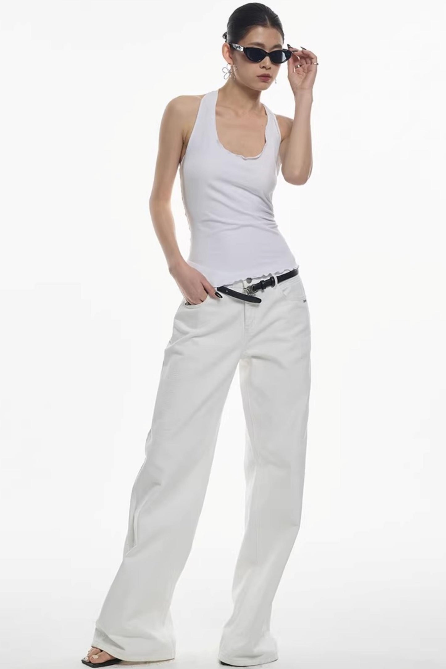 Weiße Mid-Waist Weite Hose