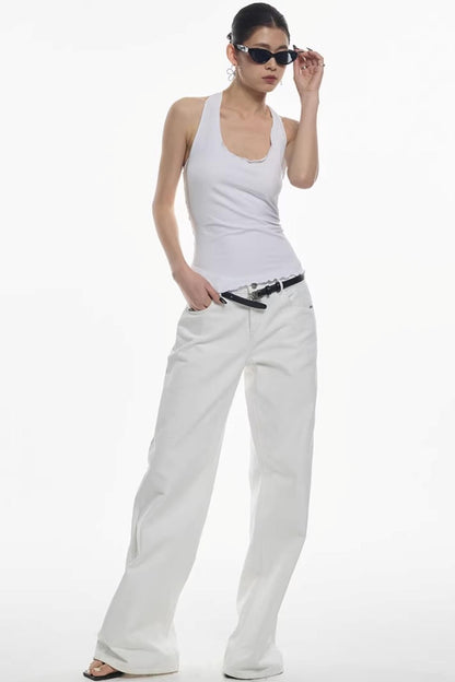 Weiße Mid-Waist Weite Hose