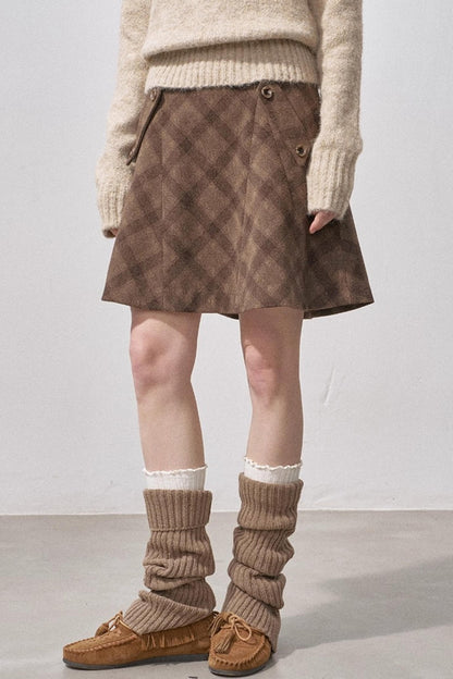 Split Wool Plaid A-Line Skirt