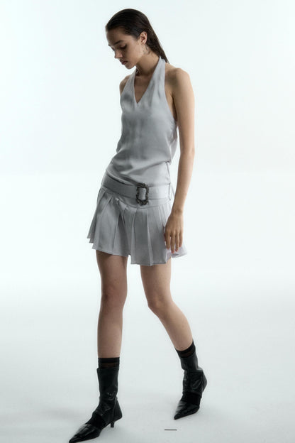 Backless V-Neck Belted Dress