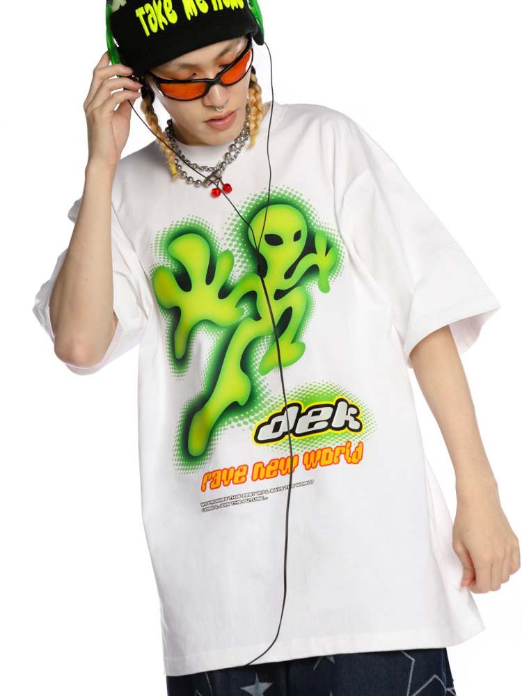 Alien Print Round Neck Loose T-Shirt