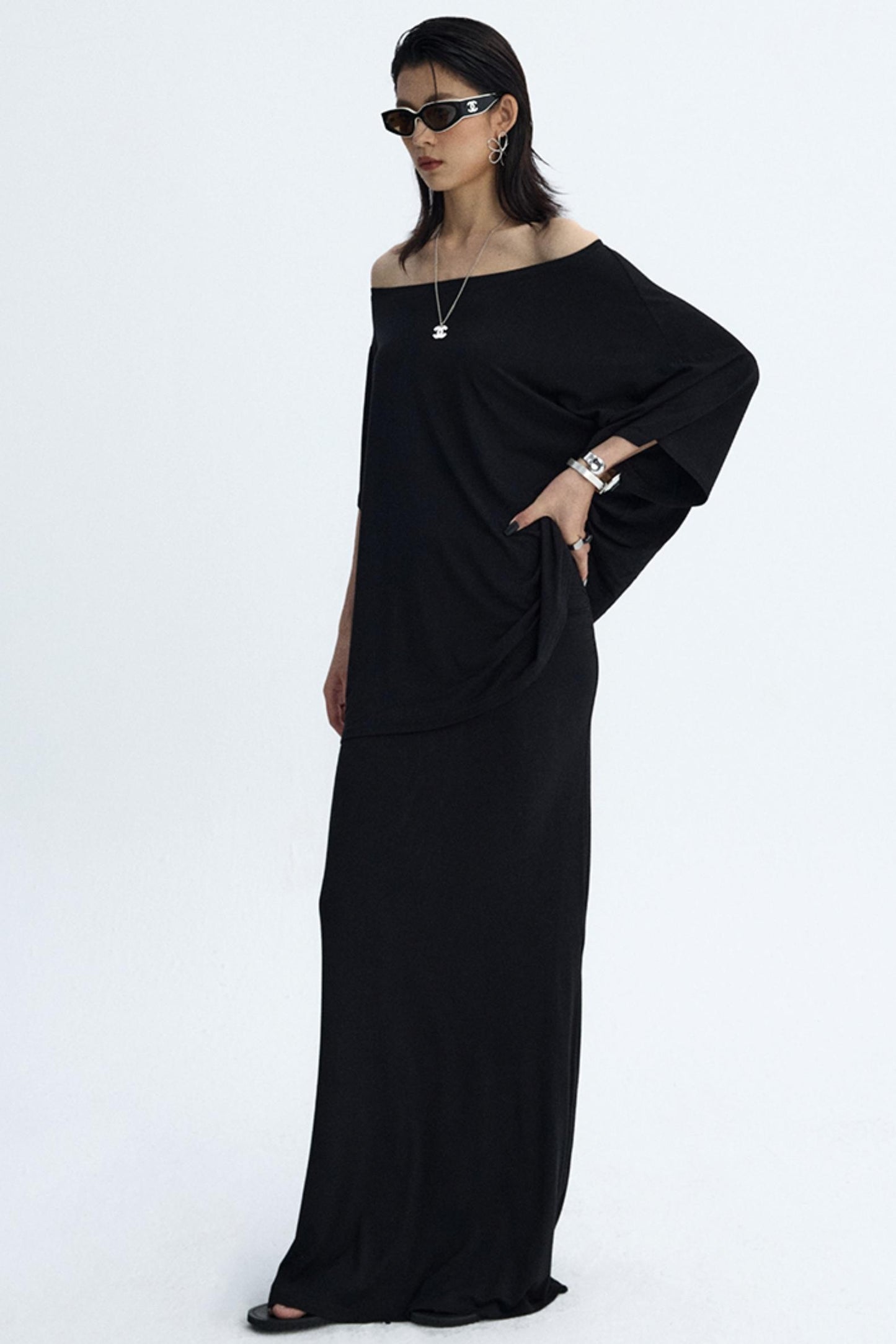 Black Draped Maxi Skirt