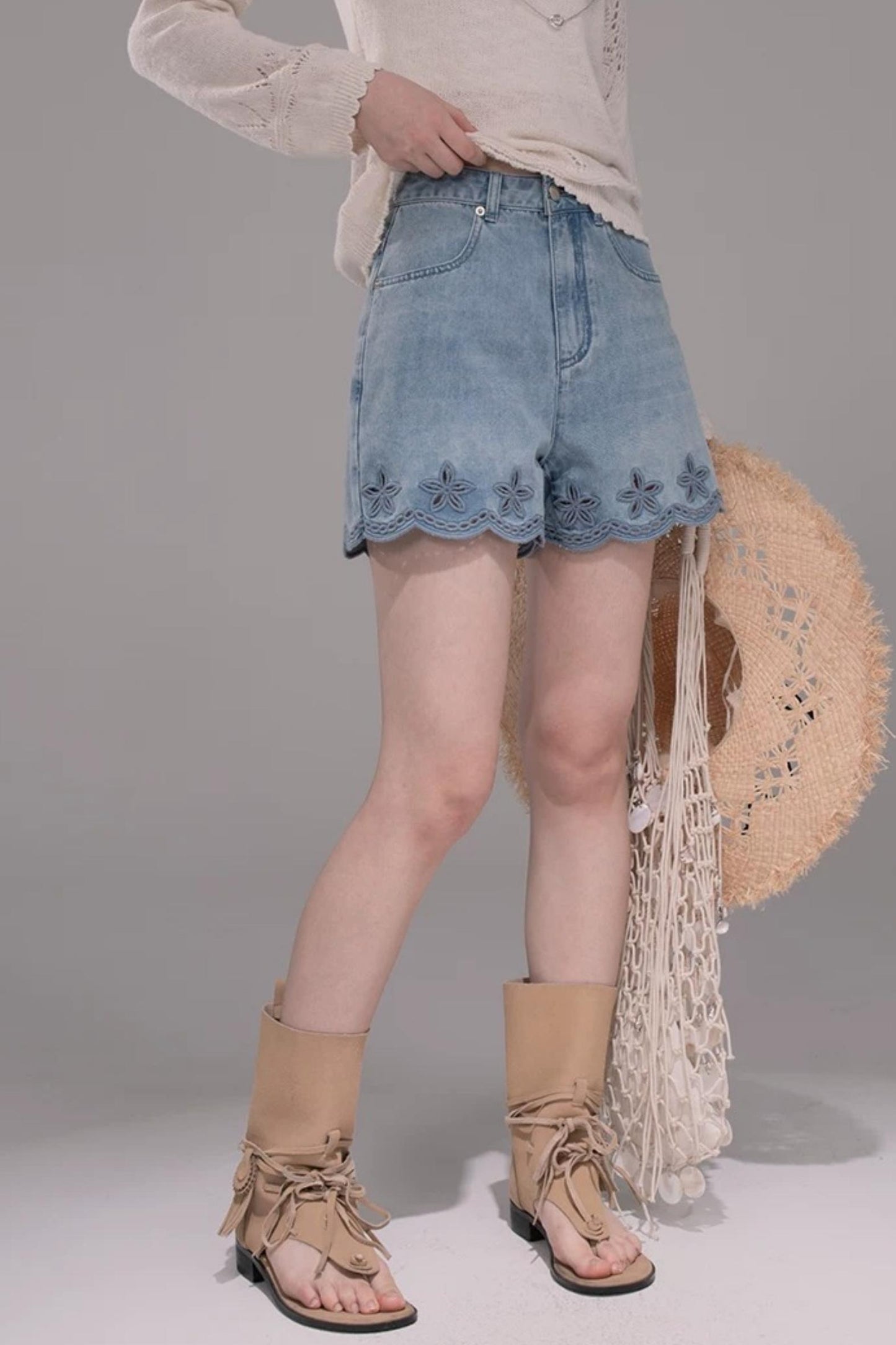 Laser Embroidery Denim Pants