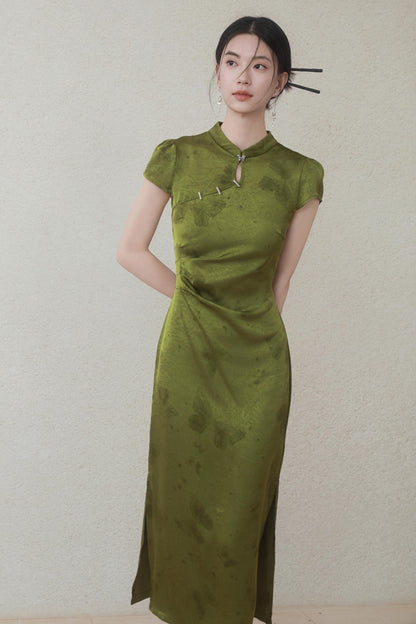 Summer Green Satin Cheongsam Dress