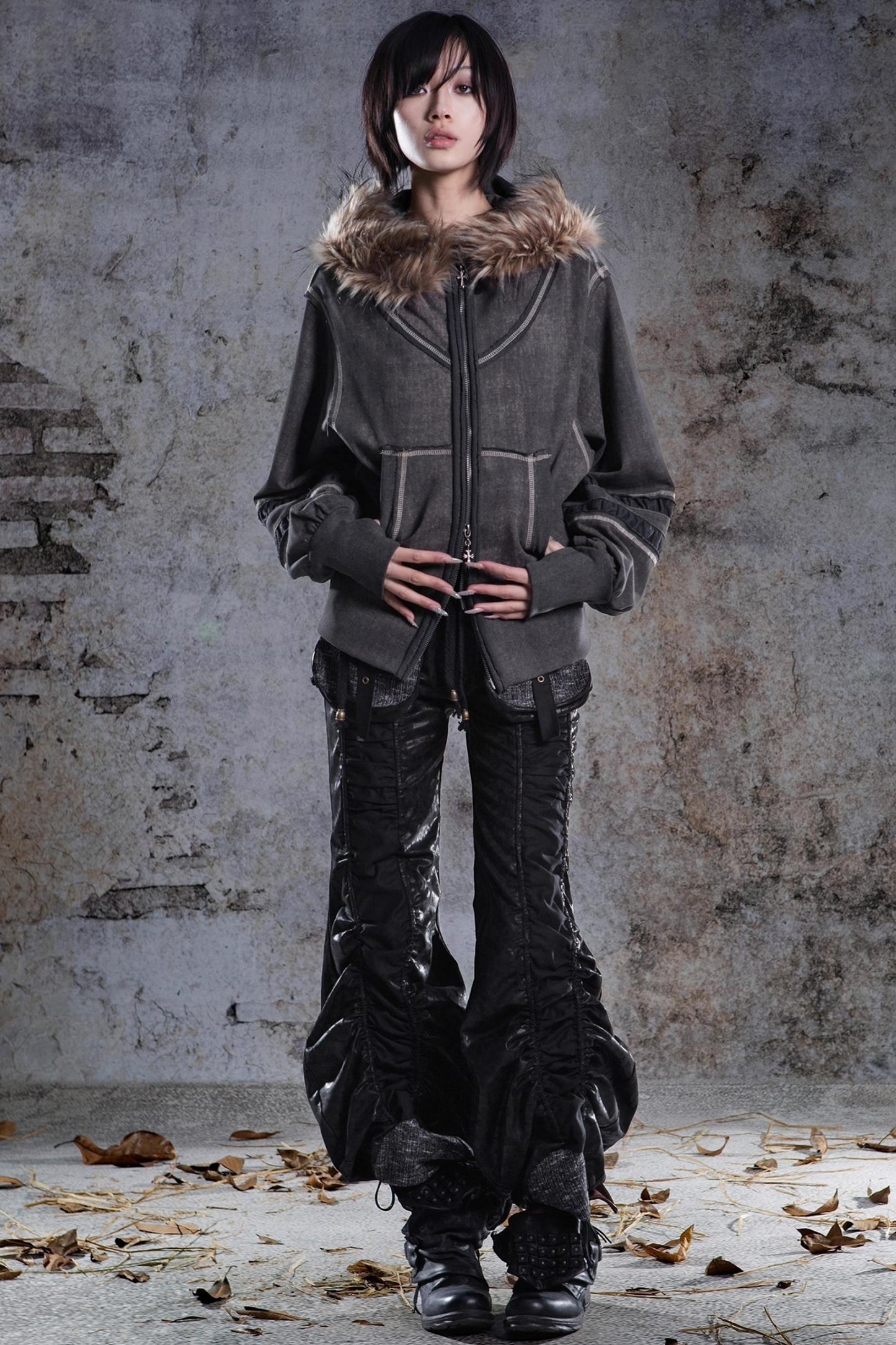 Vintage Lantern Sleeve Hooded Sweatshirt Jacket