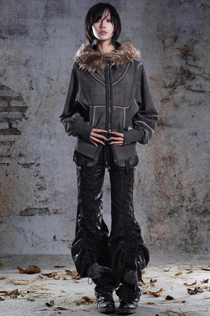 Vintage Lantern Sleeve Hooded Sweatshirt Jacket