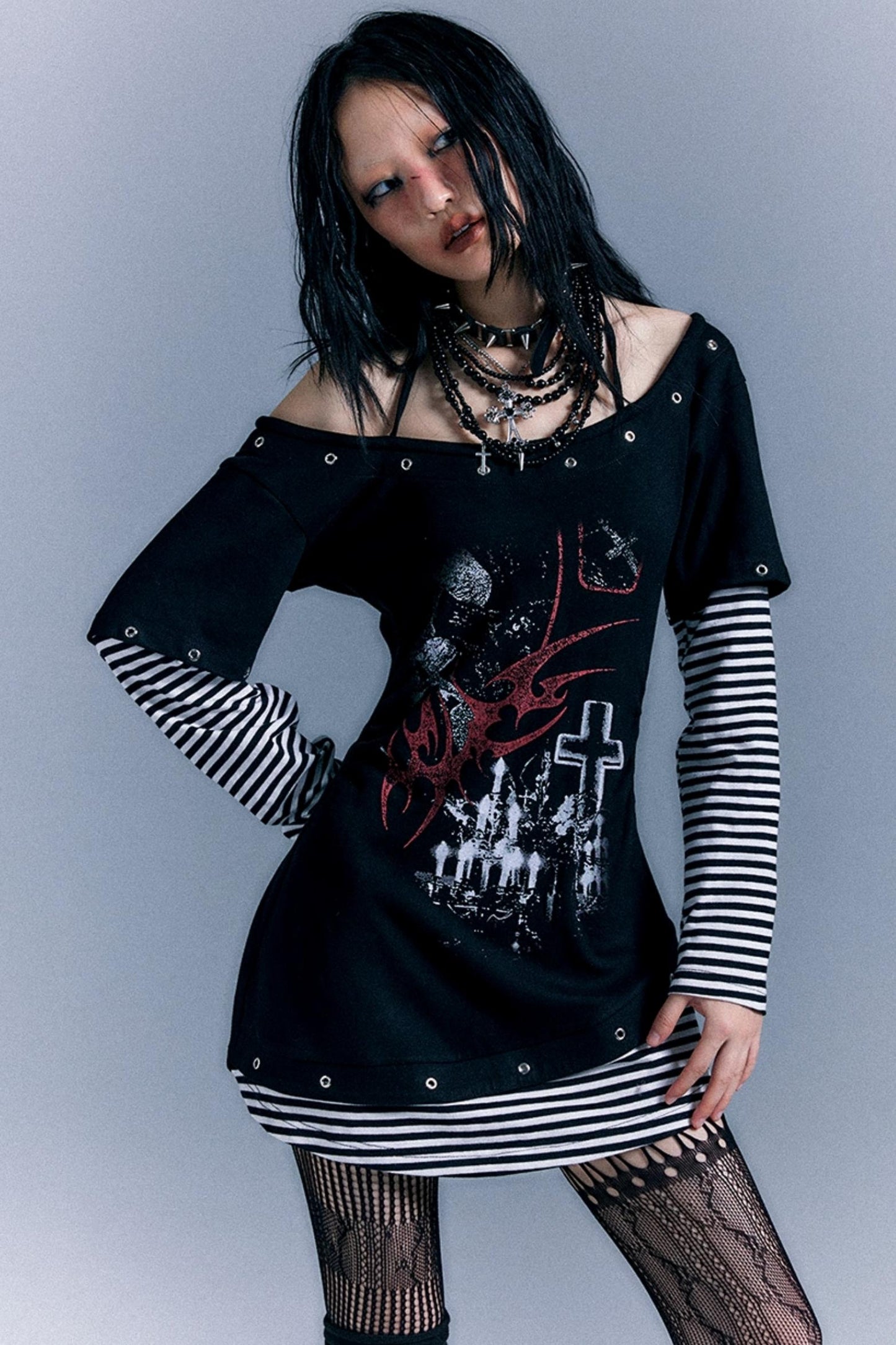 Punk Striped Cinched Waist T-Shirt Dress