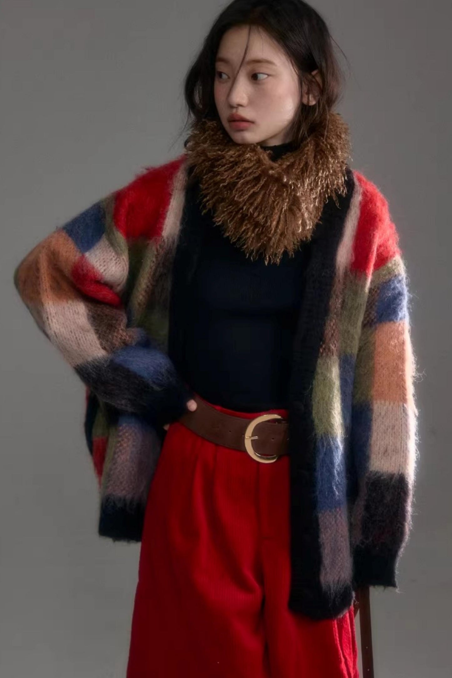Color-Block-Strickjacke aus Wolle mit Karomuster