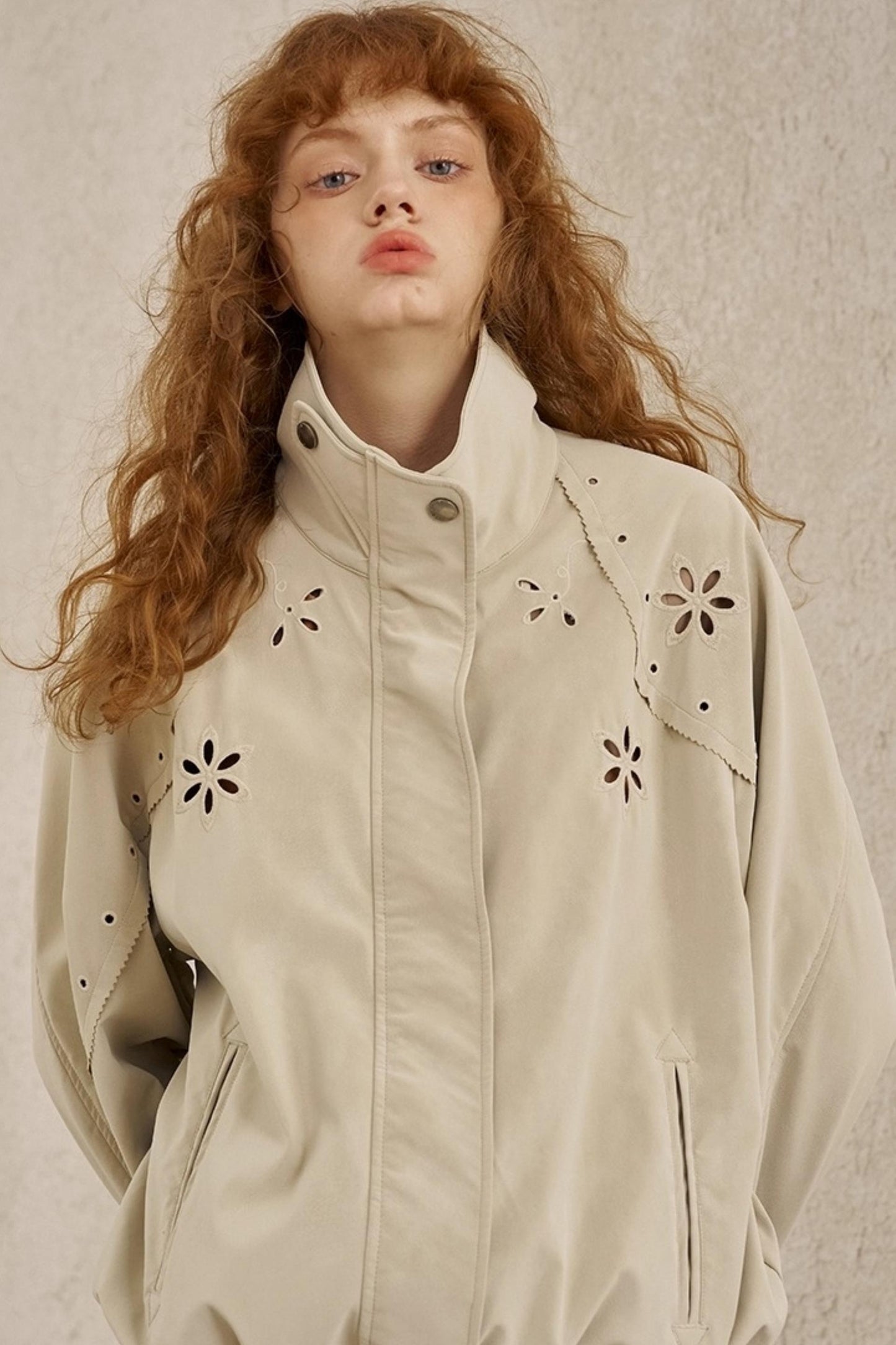 Embroidered Stand Leather Jacket