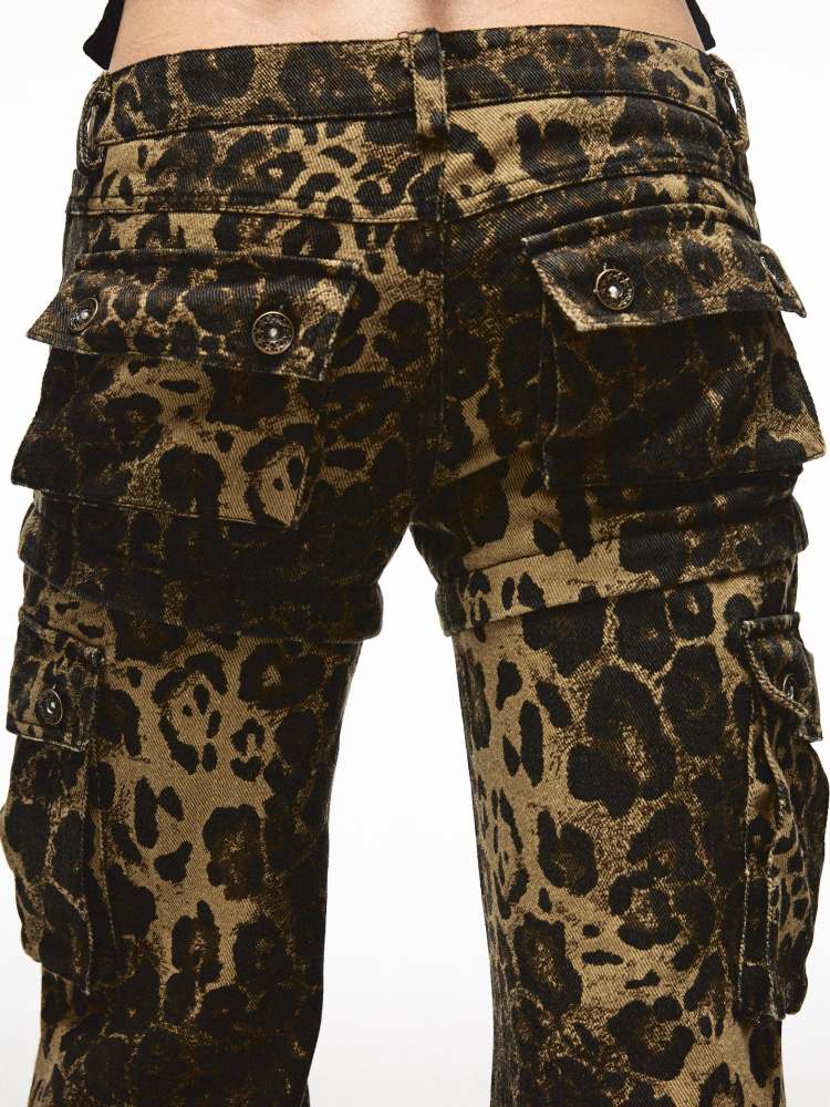 2-way Leopard Pattern Low Rise Studs Flare Jeans