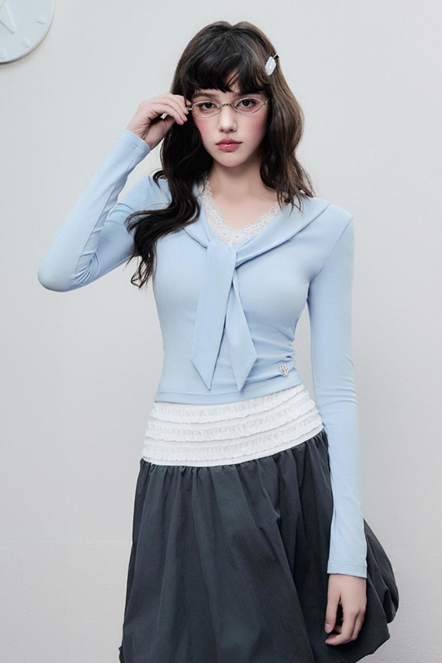 Korean Lace Trim Tie Neck Sweater