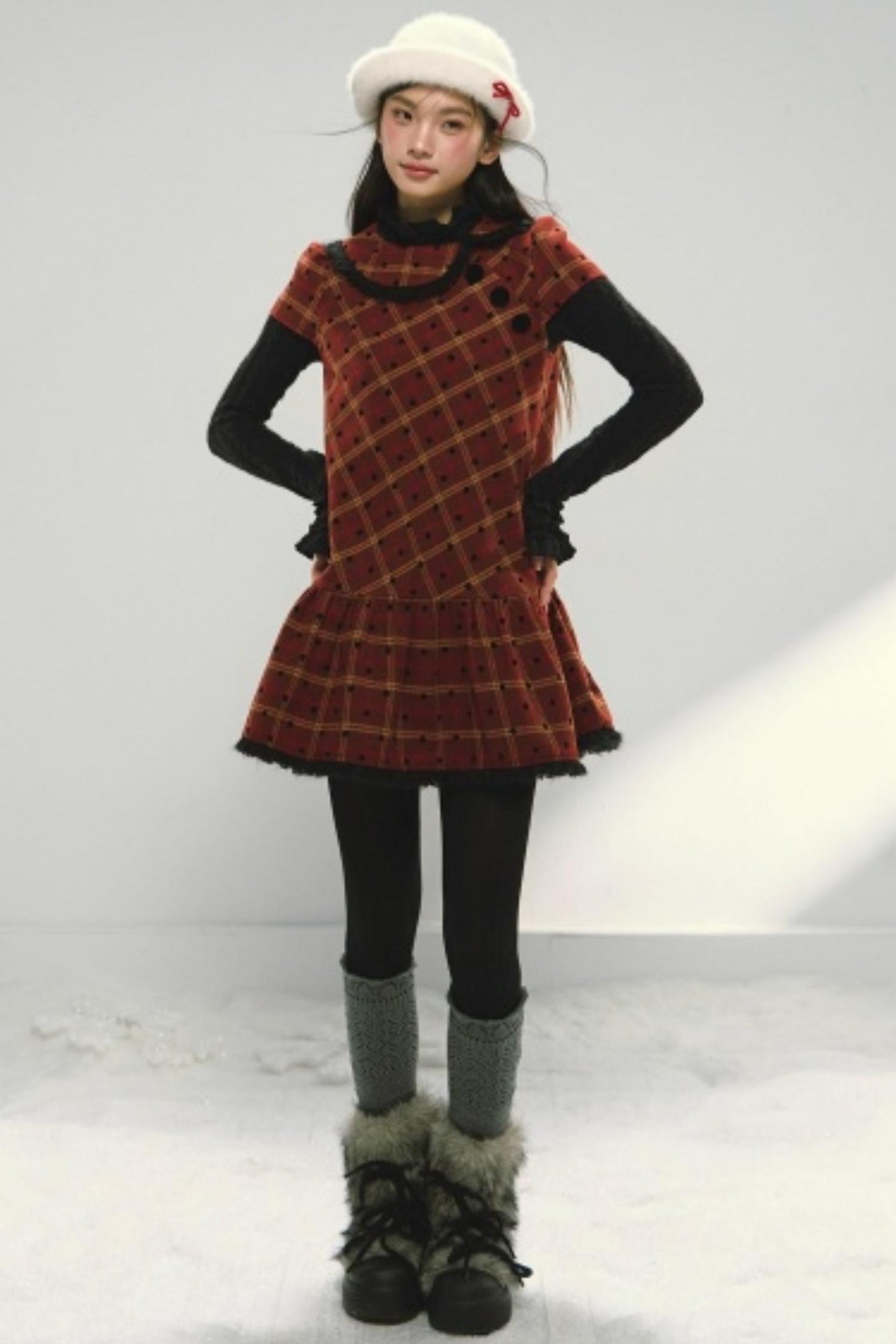 Christmas Plaid Tweed A-Line Dress Set-Up