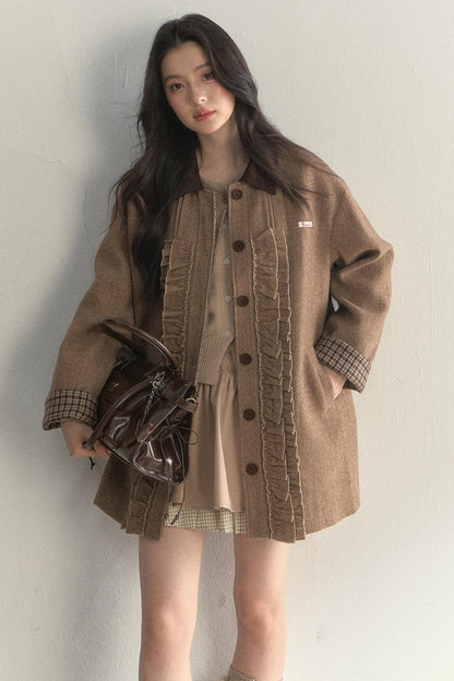 Vintage Khaki Houndstooth Wool Coat