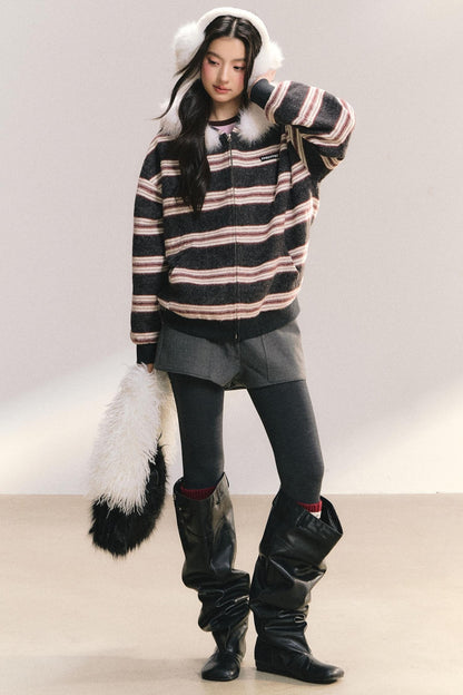 Detachable Fur Collar Striped Jacket