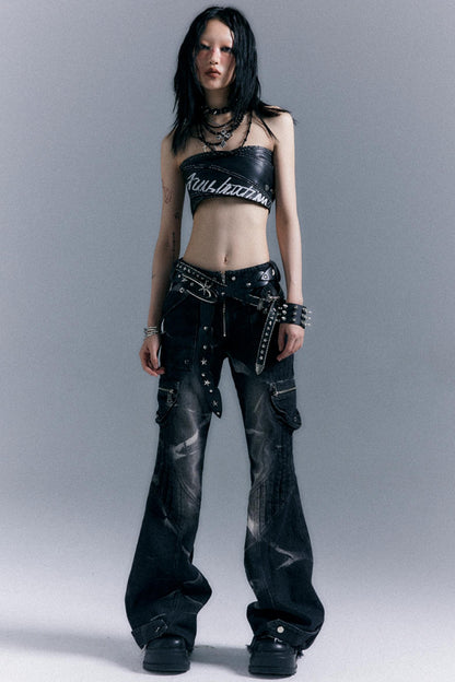 Vintage Studded Denim Flared Pants