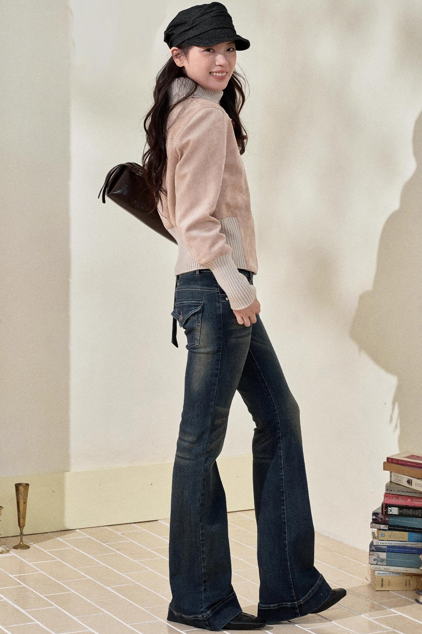 라이트 핑크 패치워크 스탠드업 칼라 재킷