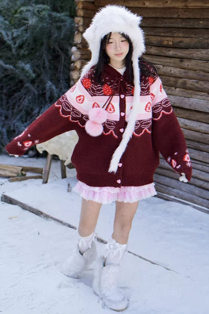 Fair Isle Strickjacke mit Erdbeermuster