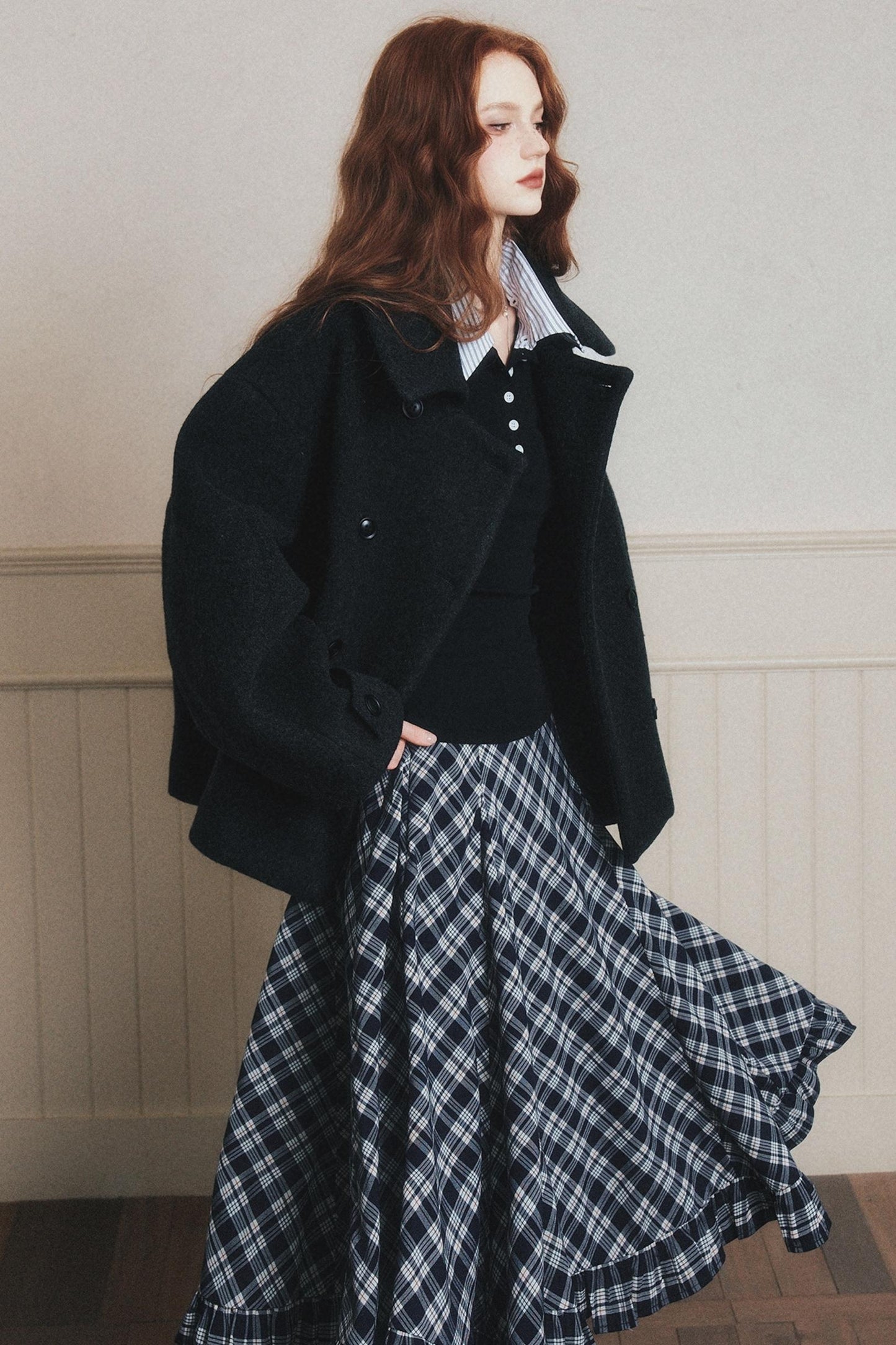 Navy Blue Check A-Line Swing Skirt