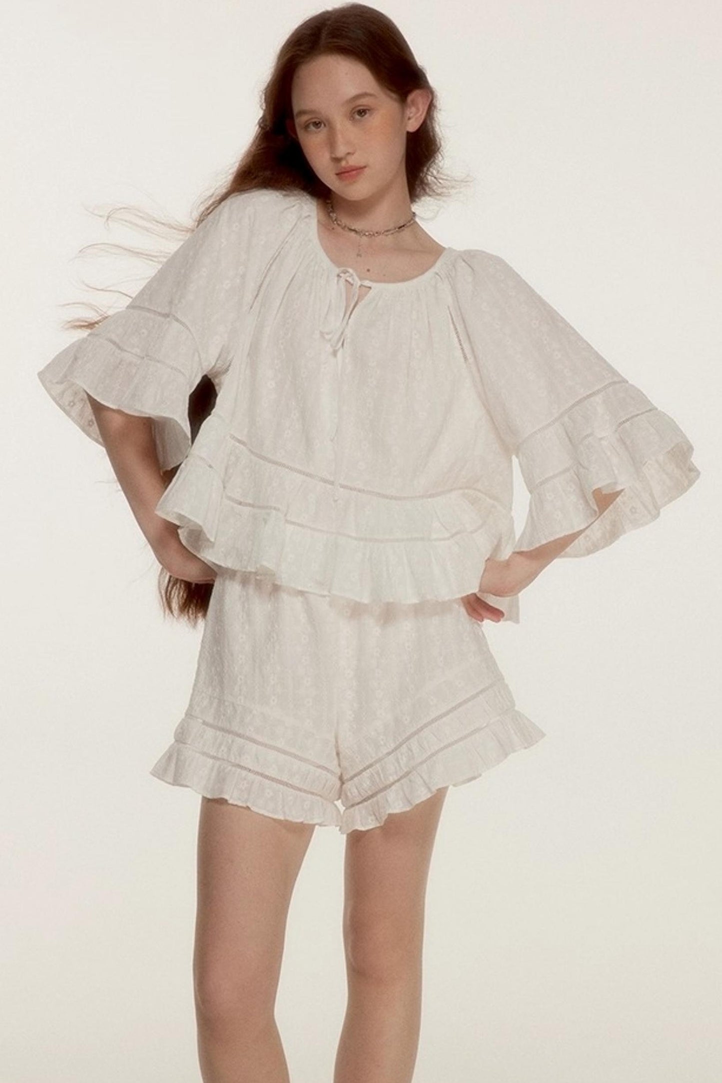 Noisy Flowers Embroidered Shirt Shorts Set-Up