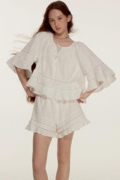 Noisy Flowers Embroidered Shirt Shorts Set-Up