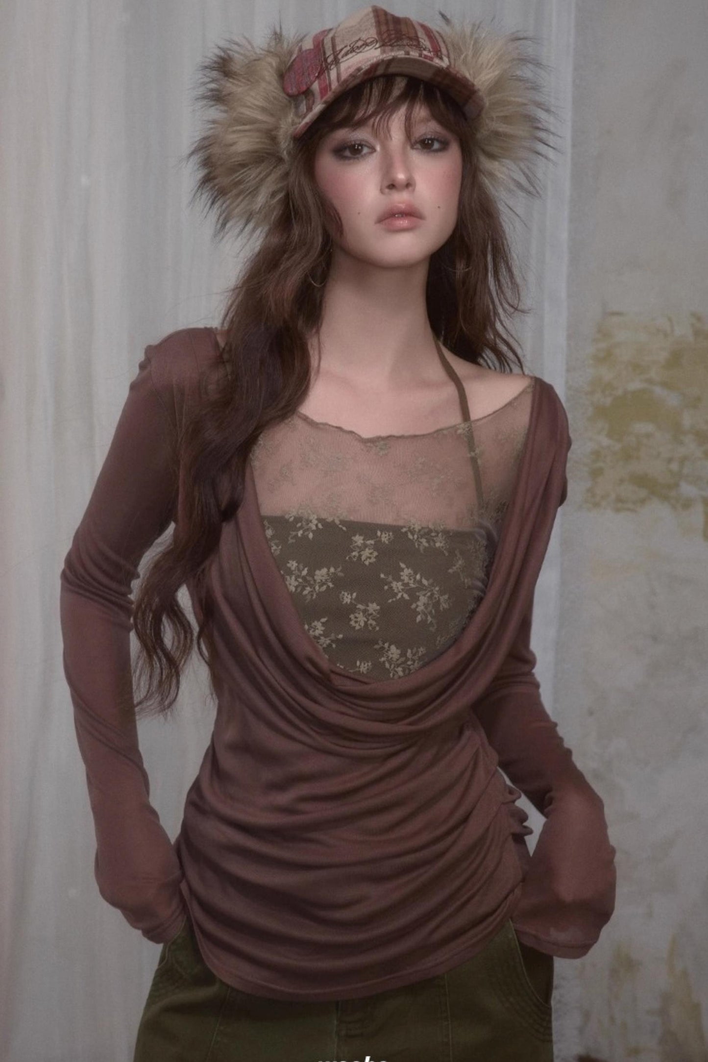 Spliced Long Sleeve Swing Collar T-Shirt