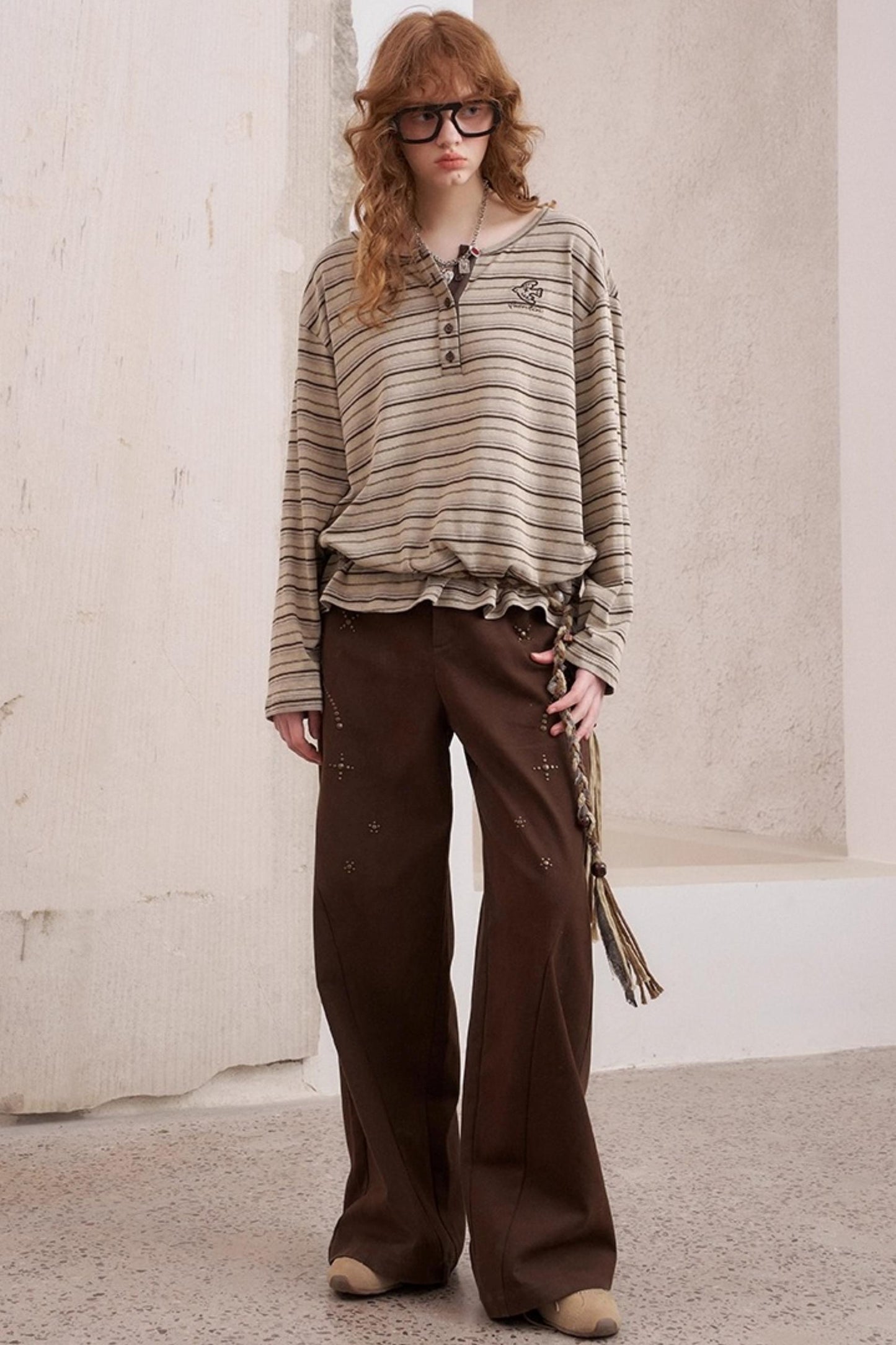 Vintage Brown Striped Loose T-Shirt