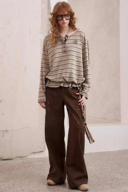 Vintage Brown Striped Loose T-Shirt