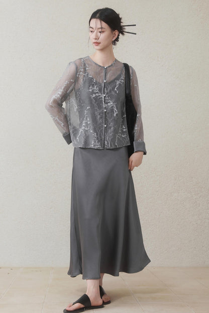 Plum Blossom Cardigan & Satin Dress Set