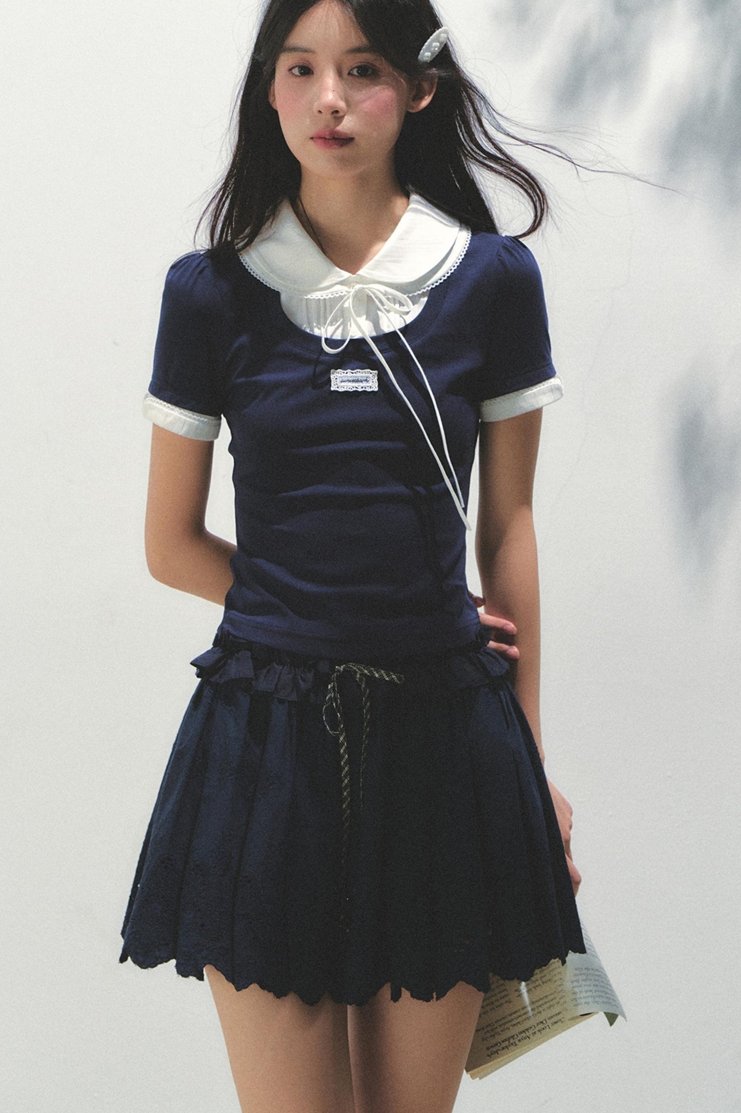 Navy Pleated Embroidered Skirt