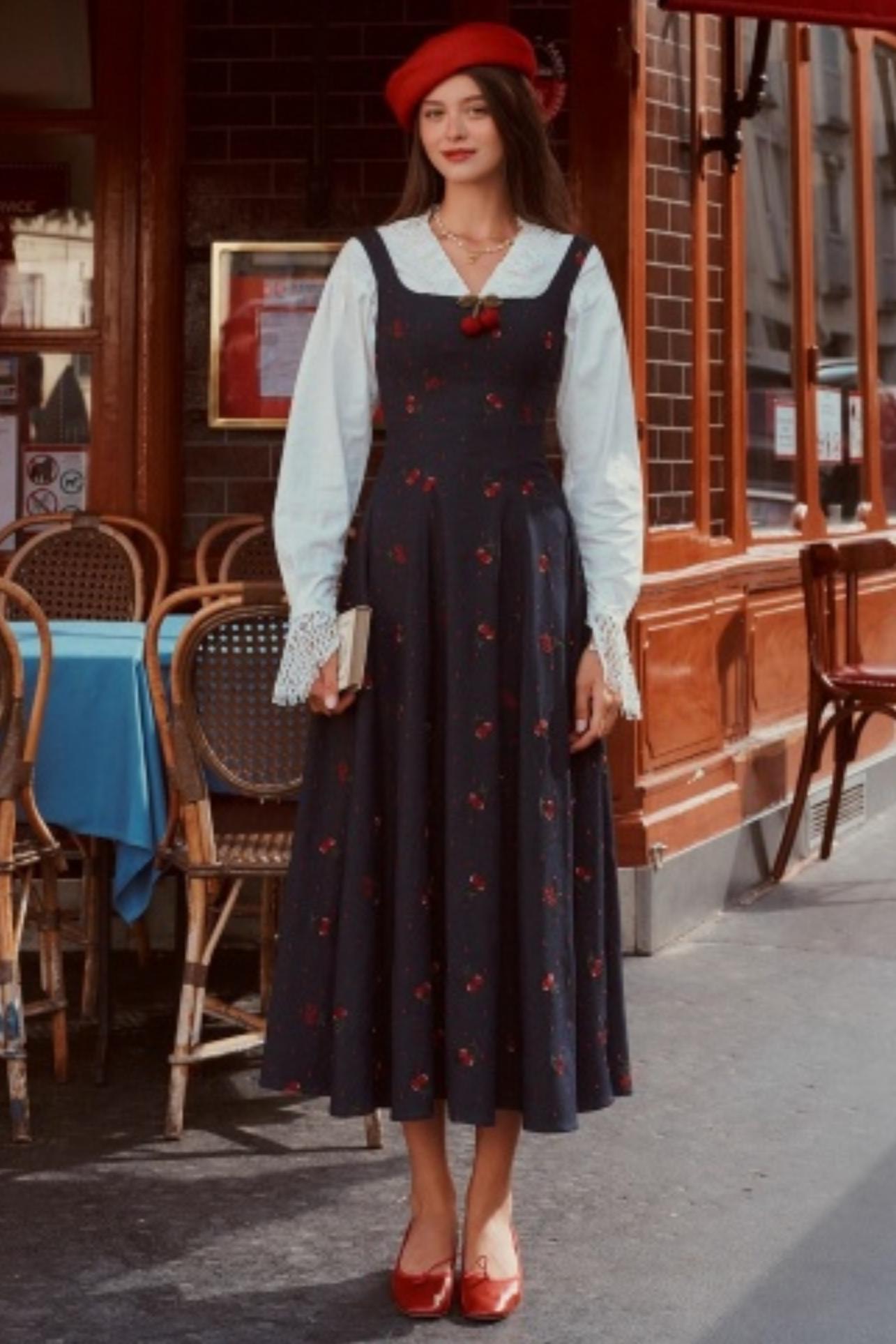 Cherry Lace Embroidered Denim Dress Set-Up