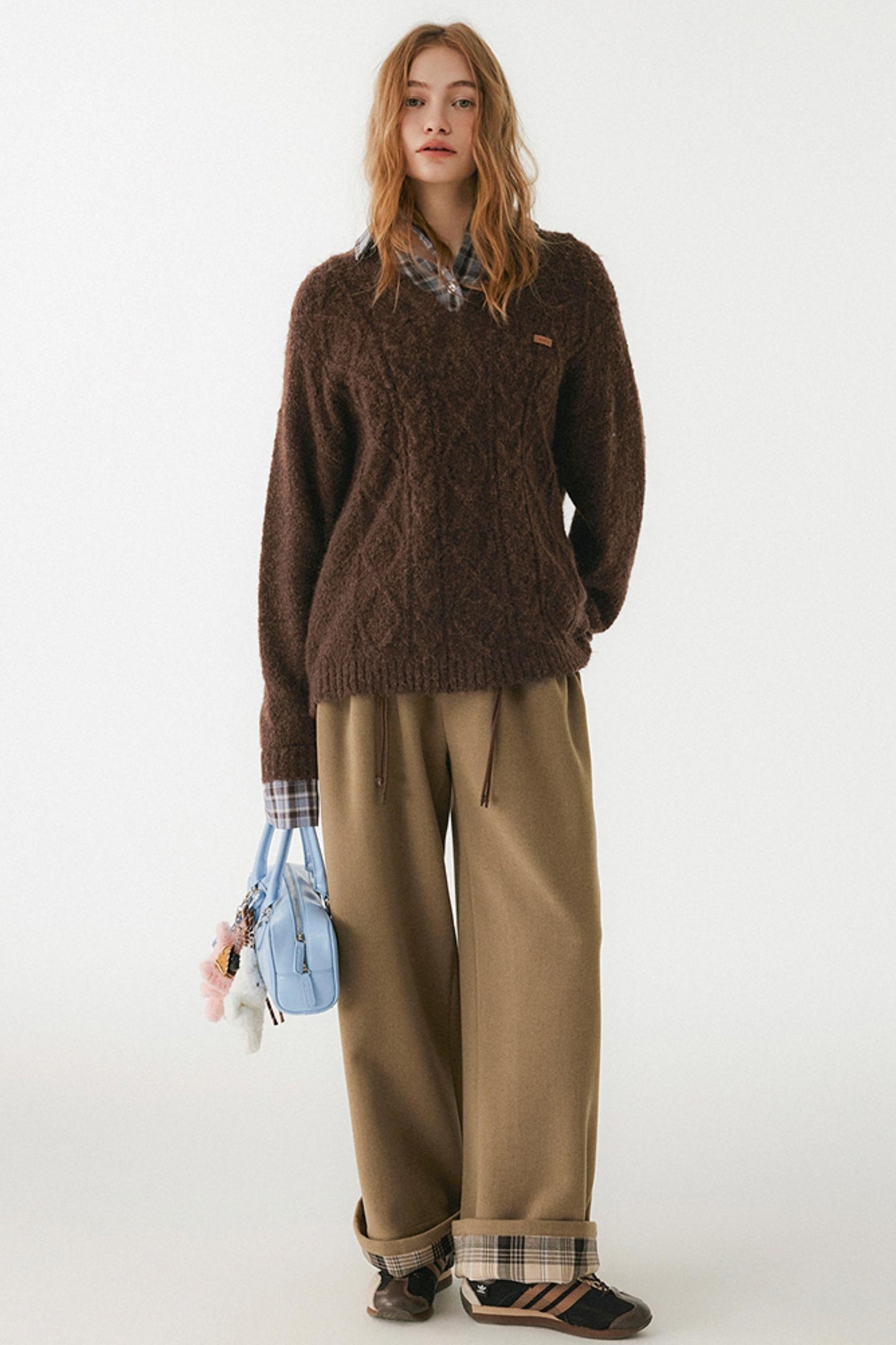 Brown Fake Two-Piece Plaid Shirt