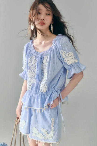 Island Flower Vine Striped Short Sleeve Top Shorts Set-Up