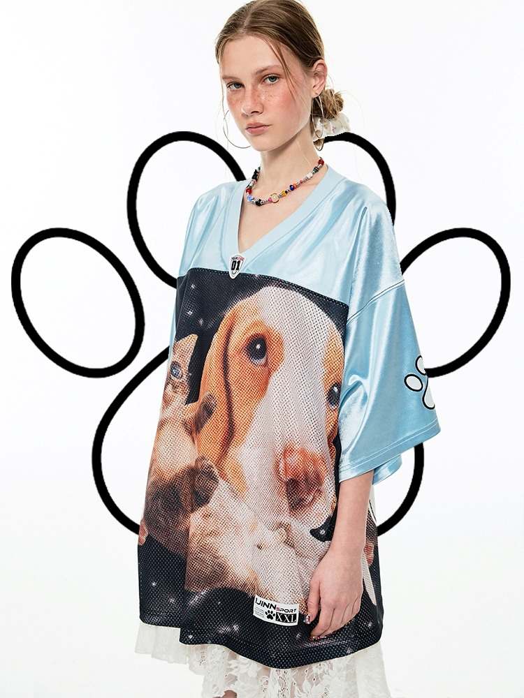 Dog & Cat Print Oversized V-Neck T-Shirt