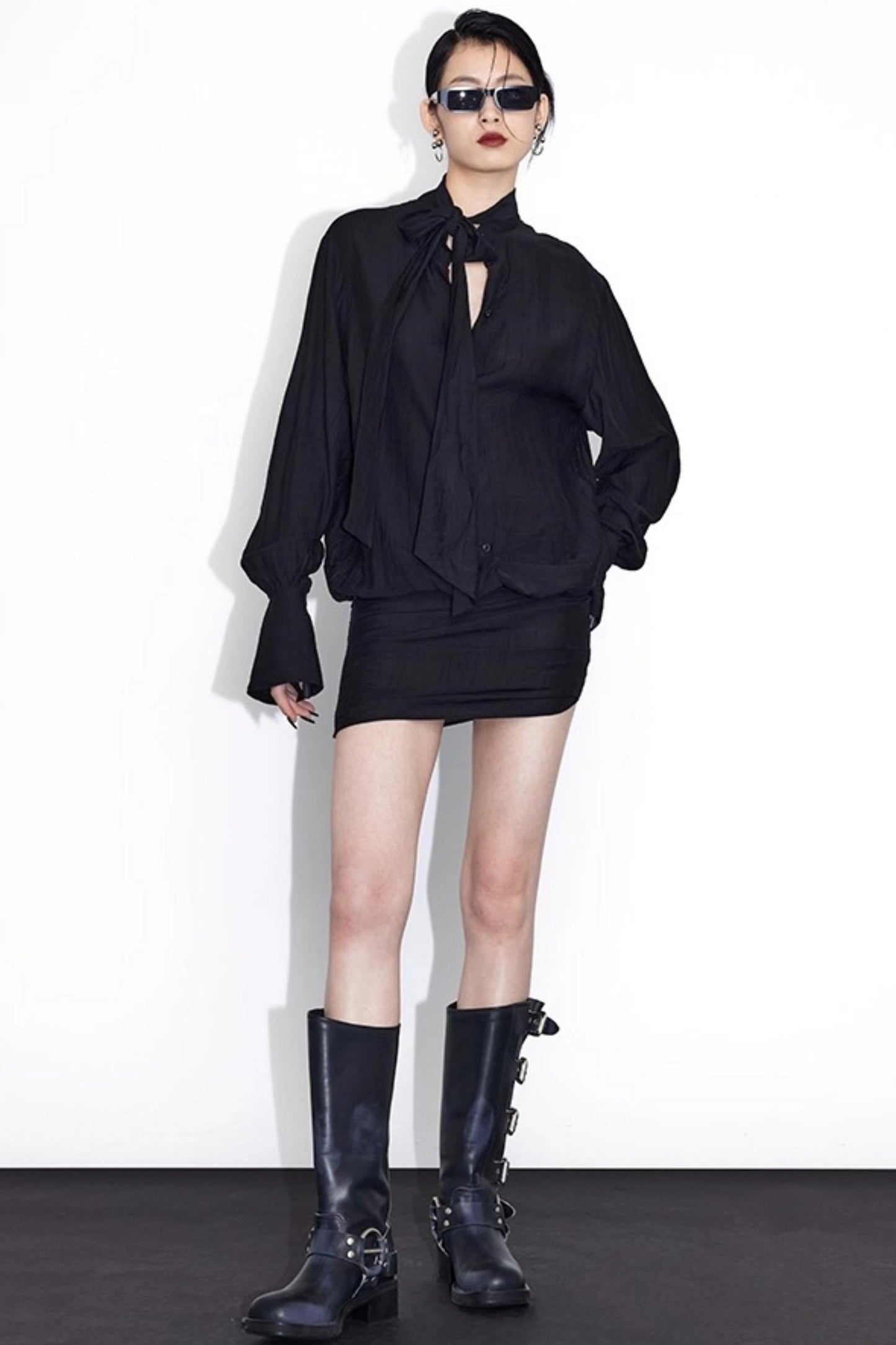 Streamer Black Drape Shirt Dress