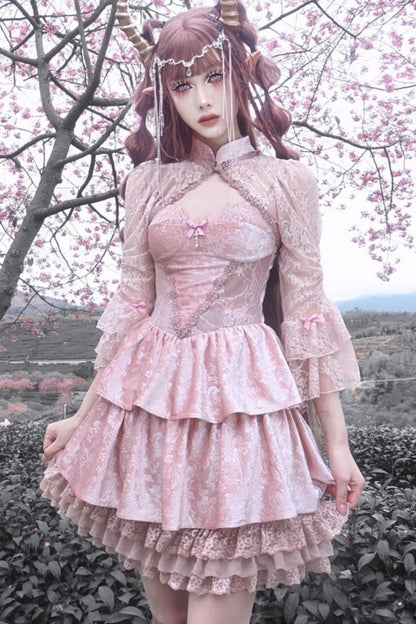 Gothic Lotus Root Pink Strap Dress Set-Up