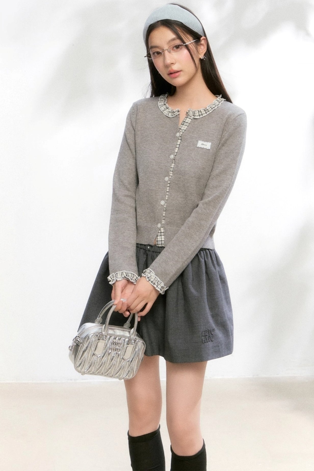 Knitted Plaid Cardigan Sweater Set-Up