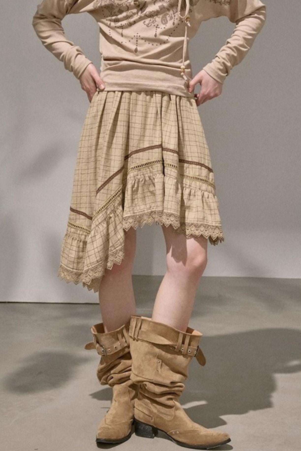 Wave Stitching Plaid Midi Skirt