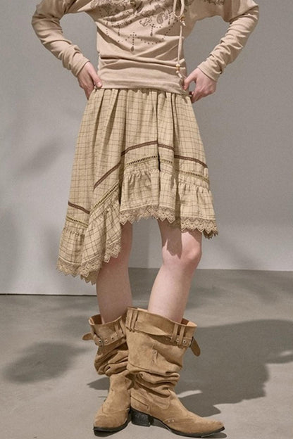 Wave Stitching Plaid Midi Skirt