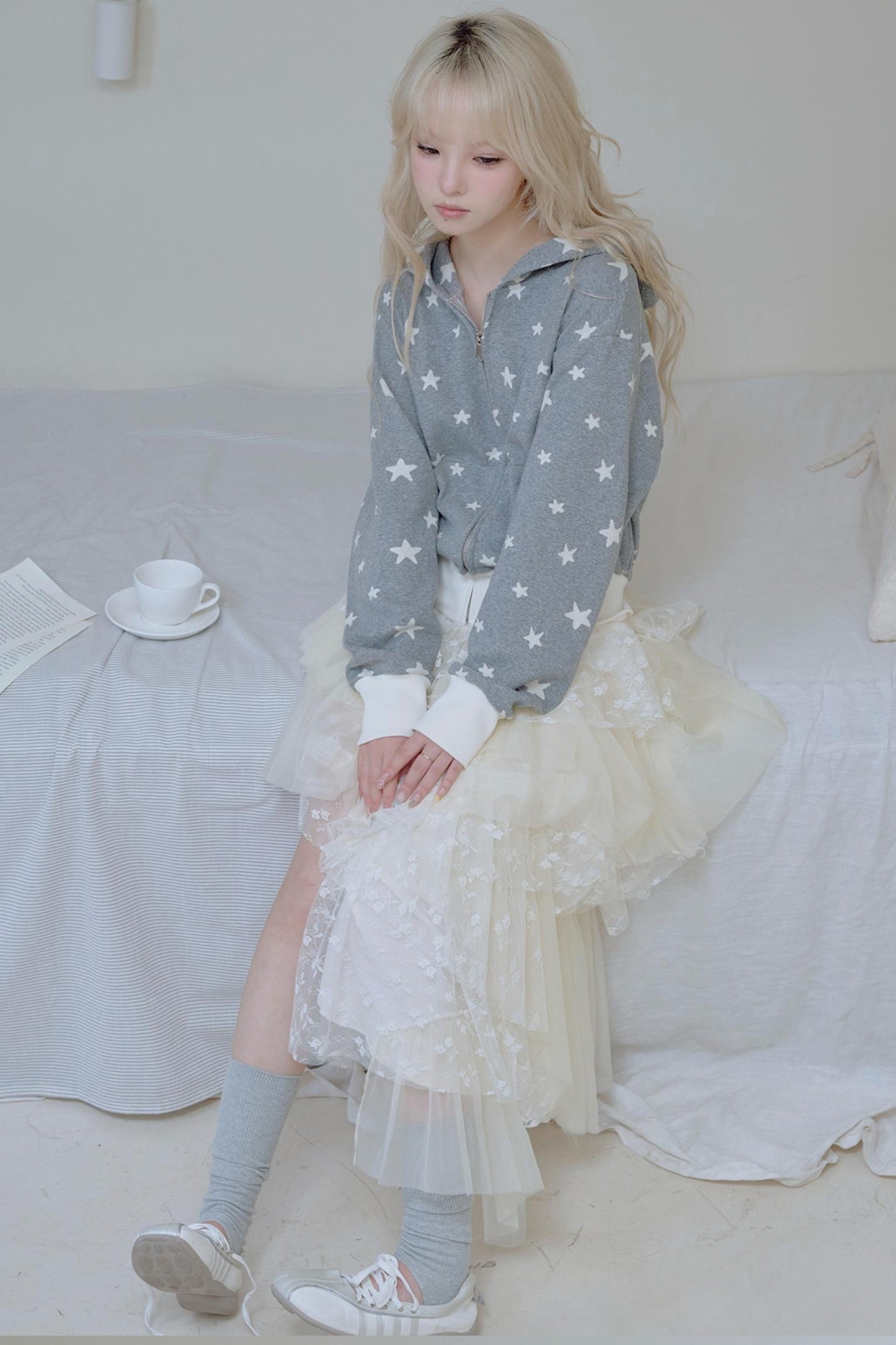 Beige Lace Patchwork Chiffon Skirt