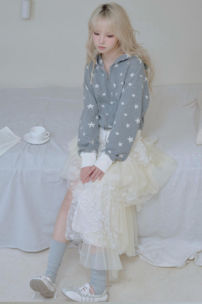 Beige Lace Patchwork Chiffon Skirt