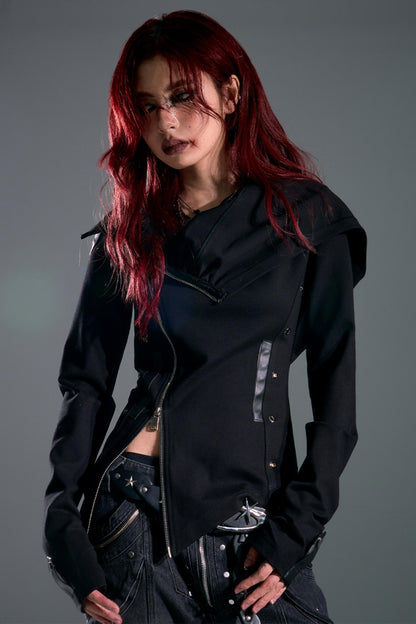 Hooded Asymmetrical Zip Knit Top