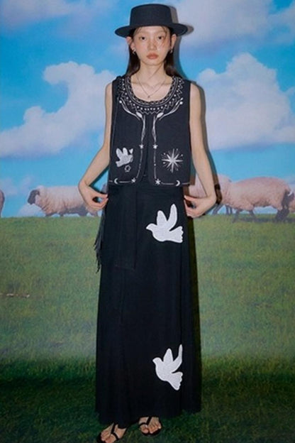 Bright Star Vintage Bird Embroidery Wool Jacket Set-Up