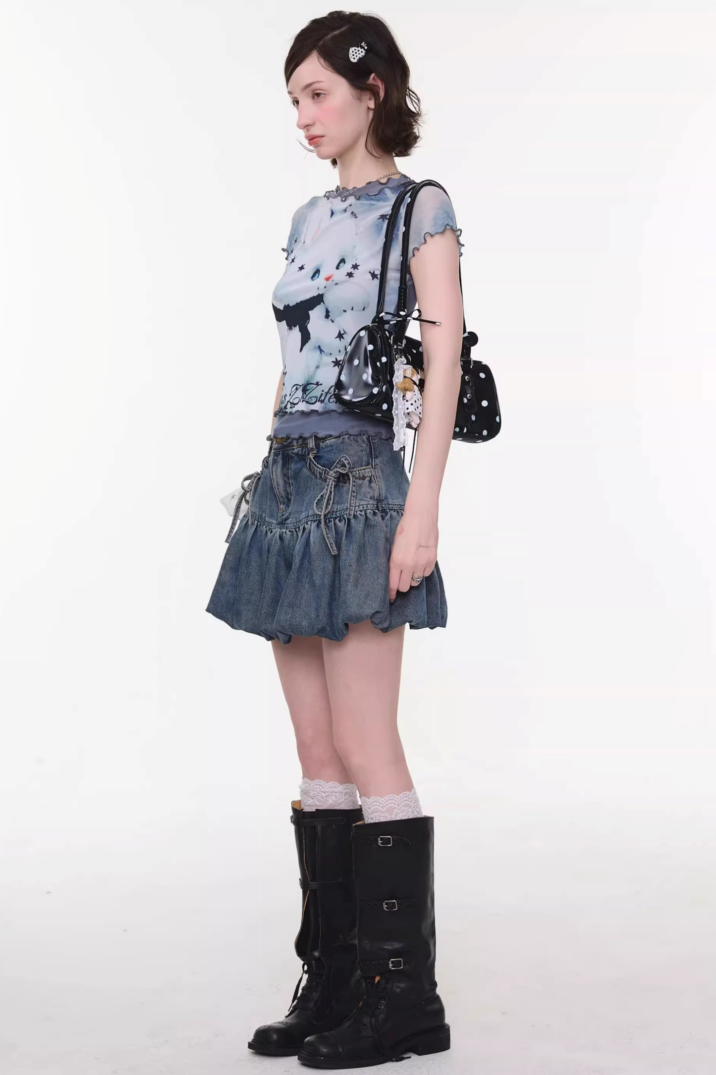 Mesh Plaid Cat Print Top
