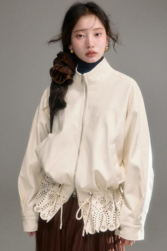 Hollow-Out Floral Leather Jacket