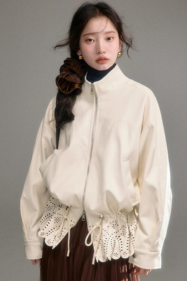 Hollow-Out Floral Leather Jacket